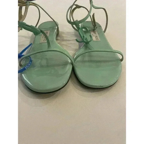 JIMMY CHOO Alodie Flat Nappa Patent Leather Sandals T Strap Logo Mint Green 9 39 - Picture 9 of 16